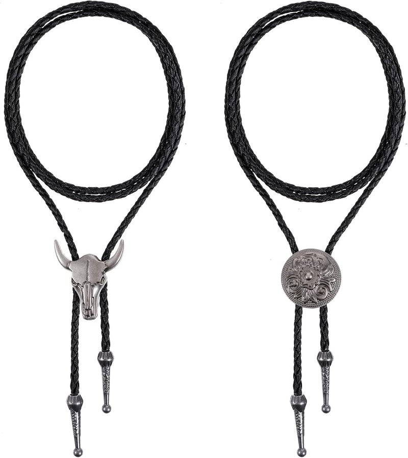 ElevateTech 2 Pcs Bolo Tie for Men, Western Cowboy Tie Necklace Handmade Leather Necktie Retro Style Bolo Ties for Women - Image 1